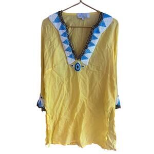 El Patio by Barbara Gerwit beaded top size Med yellow with turquoise beads